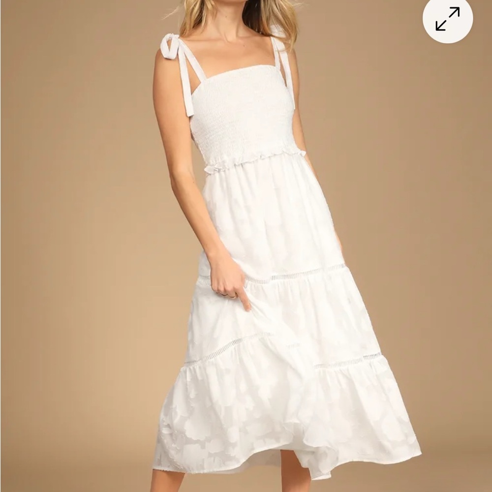 Float to Love White Jacquard Smocked Tie-Strap Midi Dress